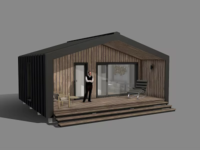 Modern Detached Villa With Wooden Exterior Black Roof Large Glass Doors And Terrace Steps 3d model