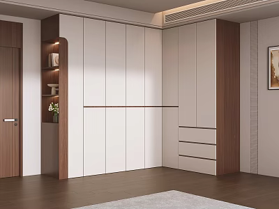 Modern Minimalist Two Tone L Shaped Bedroom Wardrobe With Built In Storage Shelves And Drawers 3d model