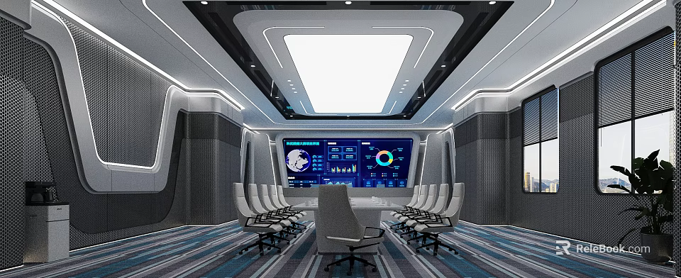 Modern Conference Room With Large Digital Screen Data Display Ergonomic Chairs And Sleek Lighting Design 3d model 