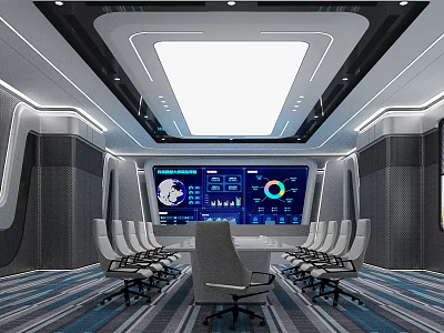 Modern Conference Room With Large Digital Screen Data Display Ergonomic Chairs And Sleek Lighting Design 3d model
