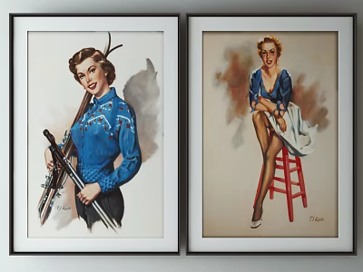 Two Framed Portrait Paintings with Women in Blue Blouses Sitting on Stool and Holding Tools 3d model
