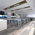 Modern Public Lounge Interior With White Tables Blue Stools Large Windows And Geometric Carpet