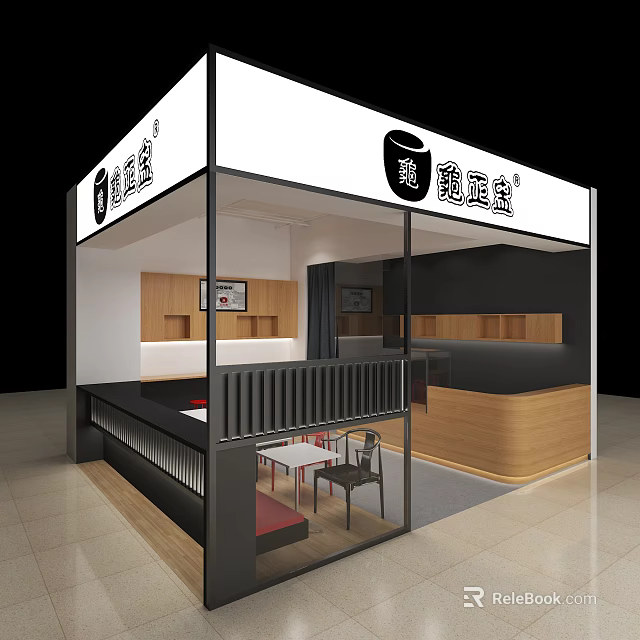 Modern Restaurant Interior Design With Wooden Counter Display Shelves And Chairs 3d model 