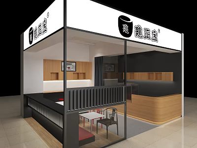Modern Restaurant Interior Design With Wooden Counter Display Shelves And Chairs 3d model