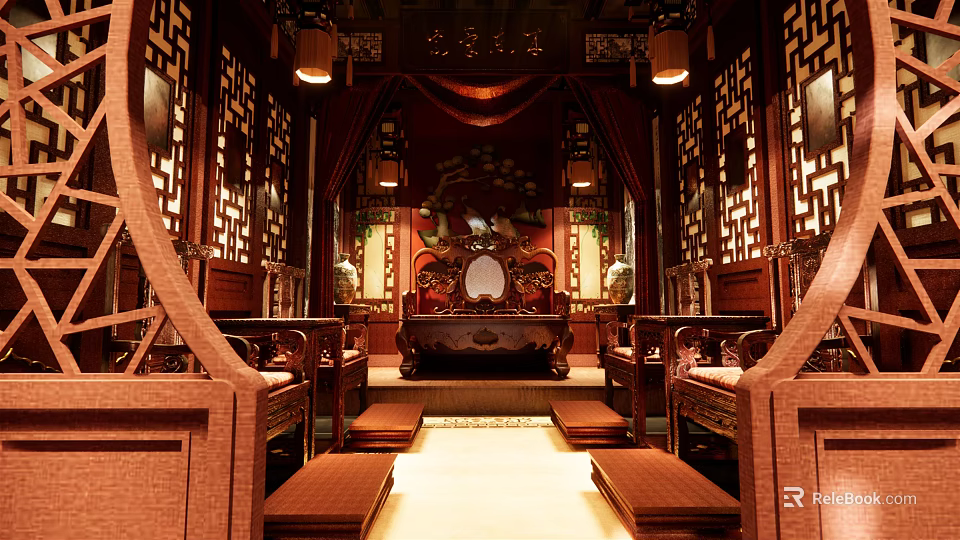 Chinese Classical Hall Interior With Wooden Carvings Lanterns And Traditional Furniture 3d model 
