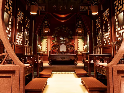 Chinese Classical Hall Interior With Wooden Carvings Lanterns And Traditional Furniture 3d model