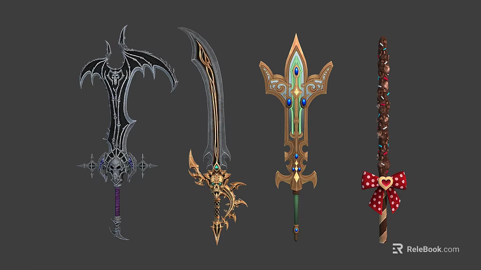 Fantasy Decorative Weapons Featuring Ornate Swords Staffs Gems And Intricate Designs 3d model 