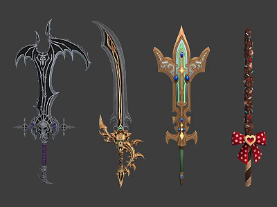 Fantasy Decorative Weapons Featuring Ornate Swords Staffs Gems And Intricate Designs 3d model