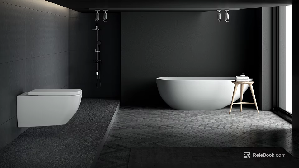 Modern Bathroom With White Freestanding Bathtub Shower Fixture Toilet Black Walls And Geometric Tiled Floor 3d model 