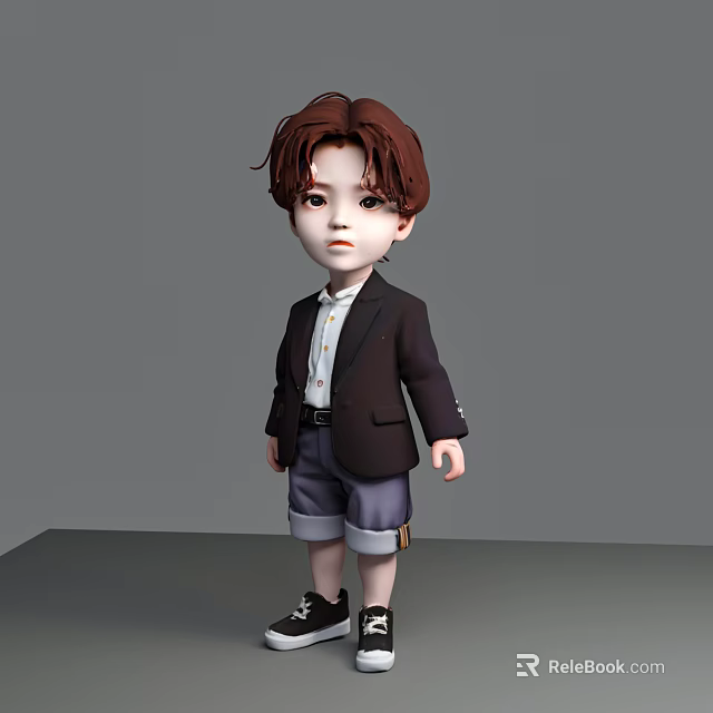 Young boy standing in black blazer white shirt purple shorts black sneakers against gray background 3d model