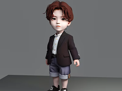 Young boy standing in black blazer white shirt purple shorts black sneakers against gray background 3d model