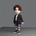 Young boy standing in black blazer white shirt purple shorts black sneakers against gray background 3d model