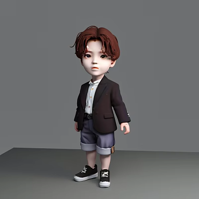 Young boy standing in black blazer white shirt purple shorts black sneakers against gray background 3d model