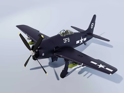 Dark Combat Fighter Jet Equipped With Propeller And Star Insignias 3d model