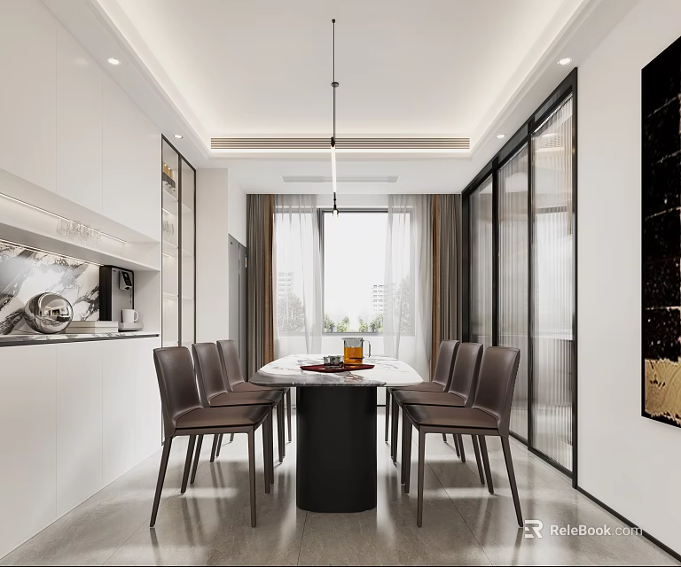 Modern Restaurant Interior With Round Dining Table Brown Chairs Pendant Light And Large Window 3d model