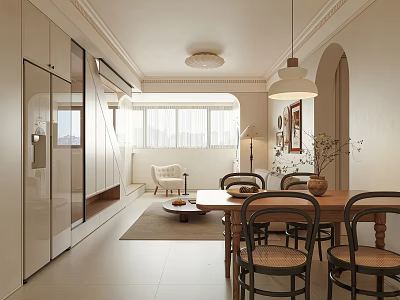 Modern Dining Living Room Interior With Wooden Table Chairs Pendant Light And Open Layout 3d model
