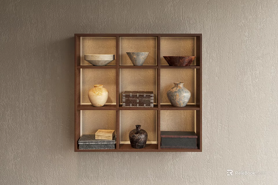 Wooden Wall Mounted Shelf with Multiple Compartments Displaying Bowls Vases Boxes and Books 3d model 