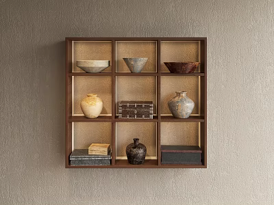 Wooden Wall Mounted Shelf with Multiple Compartments Displaying Bowls Vases Boxes and Books 3d model