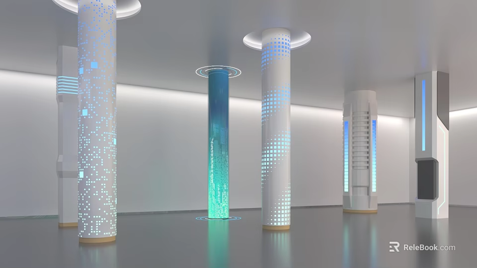 Modern Illuminated Columns With Dot Patterns Blue Gradient In White Background And Circular Ceiling Lights 3d model 