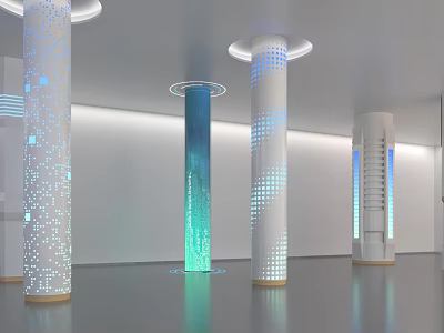 Modern Illuminated Columns With Dot Patterns Blue Gradient In White Background And Circular Ceiling Lights 3d model