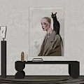 Portrait Painting of Woman with Black Cat Hanging on Wall in Modern Interior