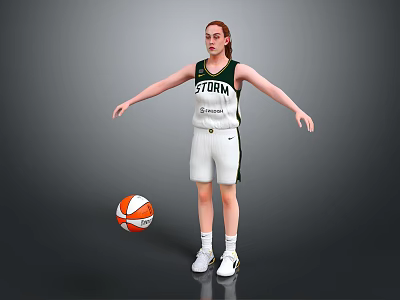 Red Haired Female Basketball Player In Storm Jersey Standing With Floating Basketball And White Sneakers 3d model