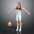 Red Haired Female Basketball Player In Storm Jersey Standing With Floating Basketball And White Sneakers