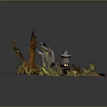 Cartoon Fantasy Scene With Enchanting Tree Trunks Mossy Stones And Luminous Lantern On Vibrant Grass