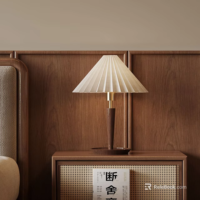 Cozy Bedroom With Wooden Nightstand Table Lamp White Pleated Shade Woven Panel And Upholstered Headboard 3d model 