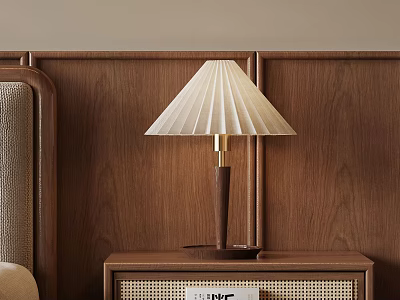 Cozy Bedroom With Wooden Nightstand Table Lamp White Pleated Shade Woven Panel And Upholstered Headboard 3d model