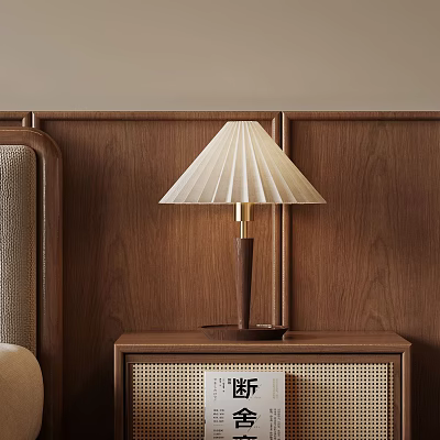 Cozy Bedroom With Wooden Nightstand Table Lamp White Pleated Shade Woven Panel And Upholstered Headboard 3d model