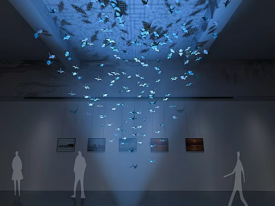 Blue Butterfly Decorations Hanging From Ceiling In Art Gallery With Wall Paintings 3d model