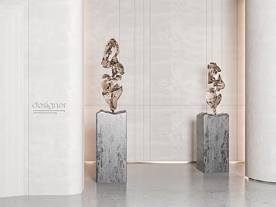 Abstract Sculptures On Gray Pedestals In Modern Interior With Light Colored Walls 3d model