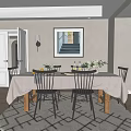 Elegant Restaurant Interior With White Tablecloth Black Chairs Wooden Legs And Staircase Wall Art
