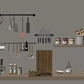 Organized Kitchen Wall Storage With Hanging Utensils Knives Wooden Cutting Board Glass Jars And Spoons