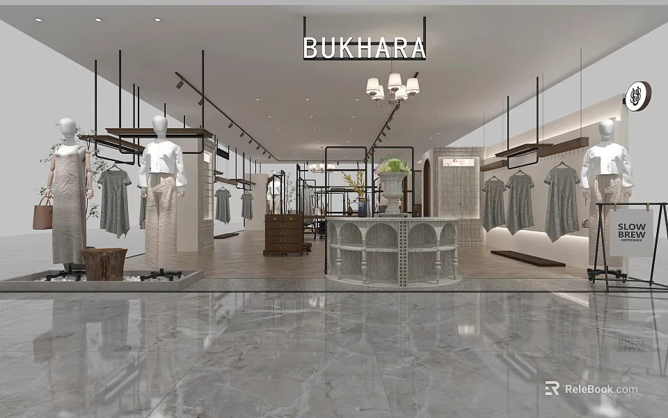 Bukhara Clothing Store Interior With Mannequins Hanging Clothes Display Racks Chandeliers And Marble Floors 3d model 