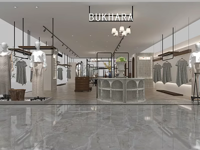 Bukhara Clothing Store Interior With Mannequins Hanging Clothes Display Racks Chandeliers And Marble Floors 3d model
