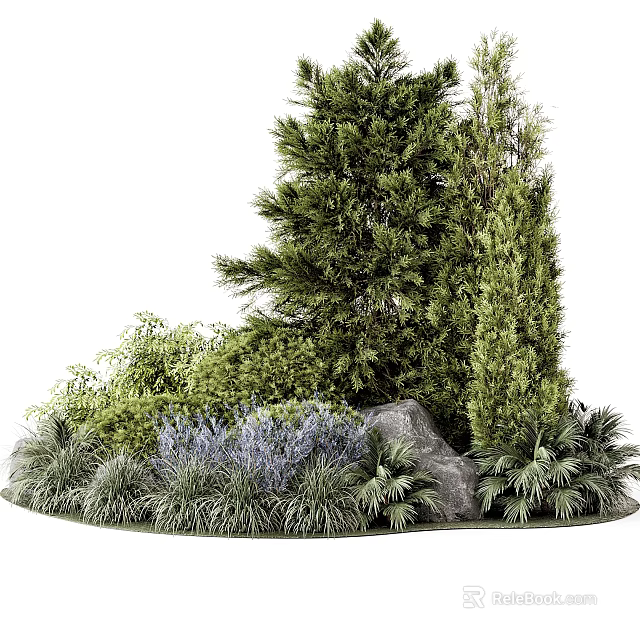 Lush Shrubs in Garden Landscape With Various Green Plants and Natural Stone 3d model 