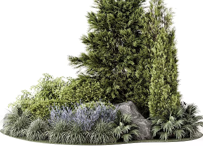 Lush Shrubs in Garden Landscape With Various Green Plants and Natural Stone 3d model