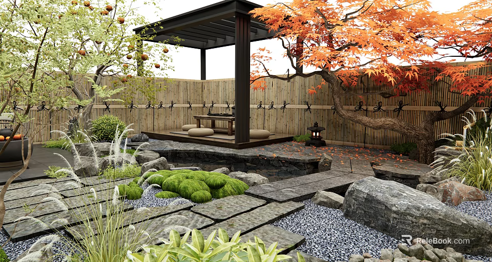 Tranquil Courtyard Garden With Wooden Pergola Bamboo Fence Stone Path And Autumn Red Leaf Trees 3d model 