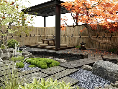 Tranquil Courtyard Garden With Wooden Pergola Bamboo Fence Stone Path And Autumn Red Leaf Trees 3d model