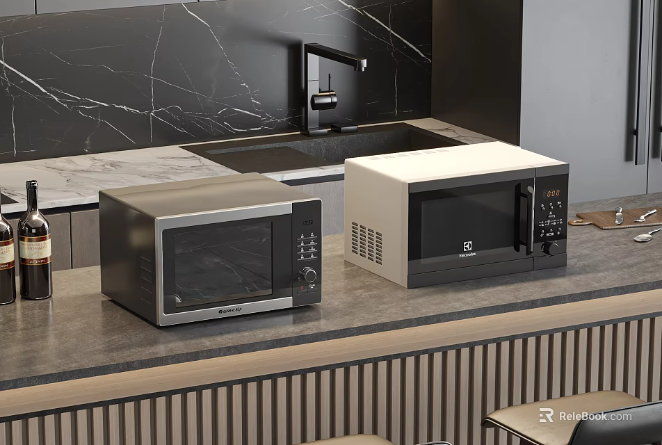Two Microwave Ovens On Modern Kitchen Countertop With Marble Backsplash And Black Faucet 3d model 
