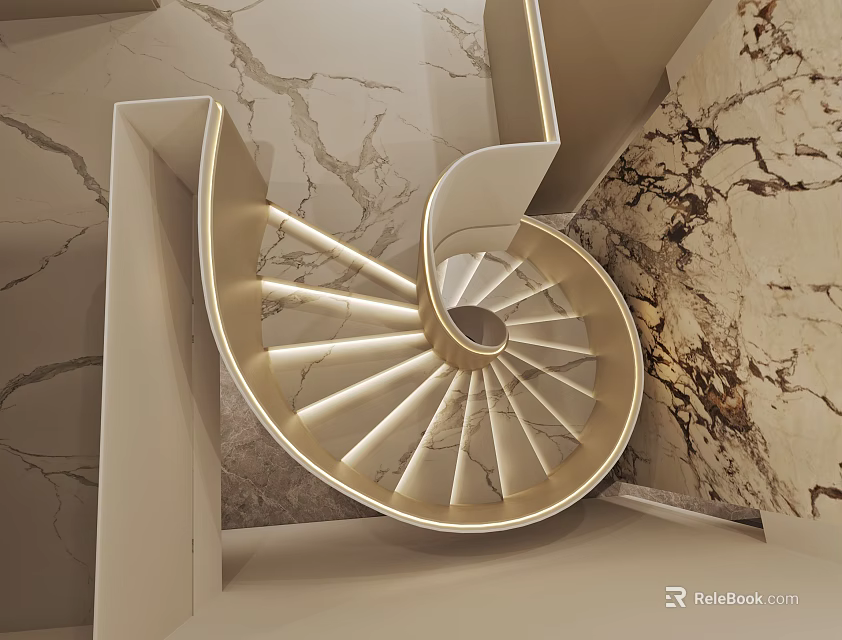 Elegant Modern Spiral Staircase Interior Design With LED Lighting And Marble Walls 3d model 