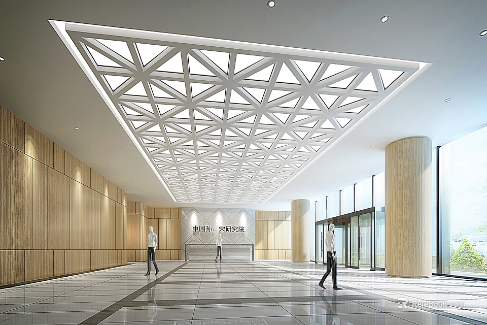 Modern Reception Lobby With Geometric Ceiling Design And Wooden Wall Panels 3d model 