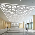 Modern Reception Lobby With Geometric Ceiling Design And Wooden Wall Panels