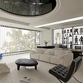 Modern Living Dining Room With Circular Ceiling White Sofas Large TV And Accent Chairs 3d model