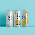 Three White Canned Chinese Herbal Beverages With Yellow Patterns On Light Blue Background 3d model
