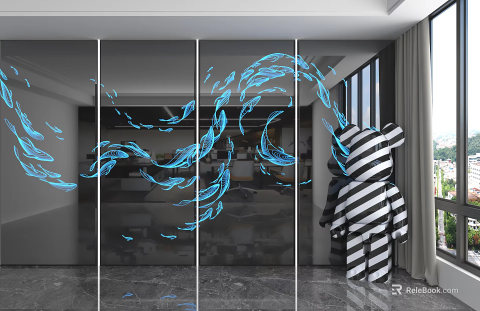Modern Wall Paneling Interior Design Featuring Decorative Blue Accent Lines And Sleek Finish 3d model 