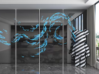 Modern Wall Paneling Interior Design Featuring Decorative Blue Accent Lines And Sleek Finish 3d model