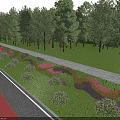 Municipal Road With Asphalt Pavement Lush Trees Colorful Flower Beds And Street Lights